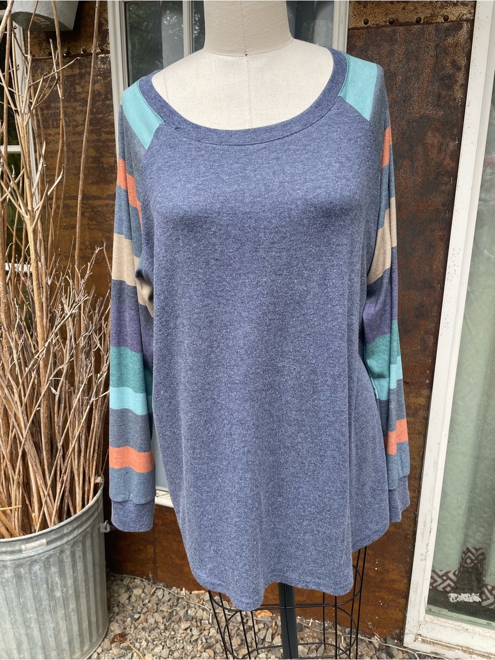 Striped Raglan Long-Sleeve Top in Slate Blue